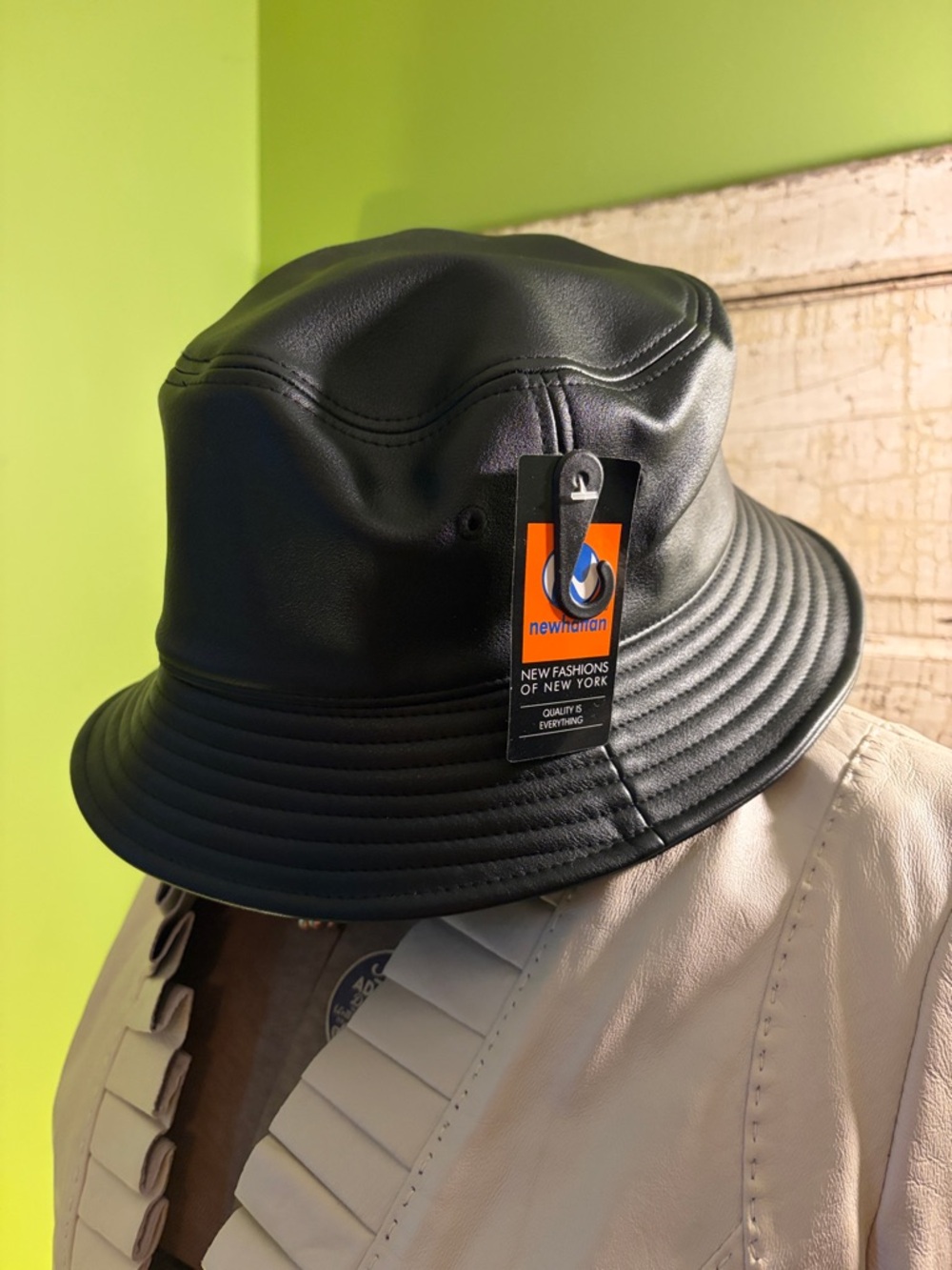 Newhattan Black Faux Leather Bucket Hat